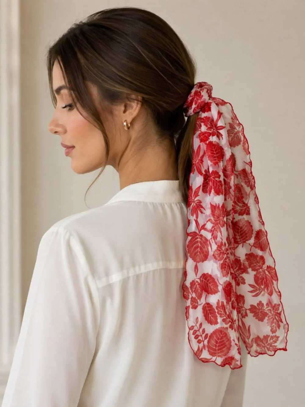 Red & White Vintage Head Wrap Head Neck Scarf 34